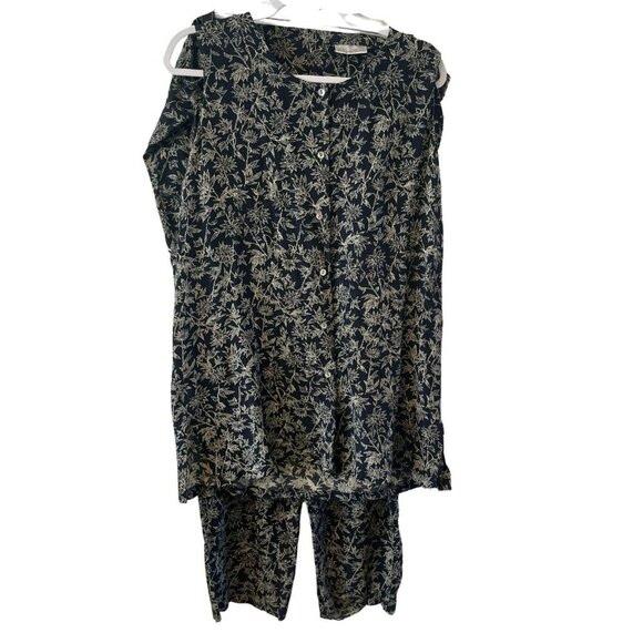 Lord & Taylor Sleeveless top & Pants Set Black Floral L Rayon Button Front Tunic - Picture 1 of 6